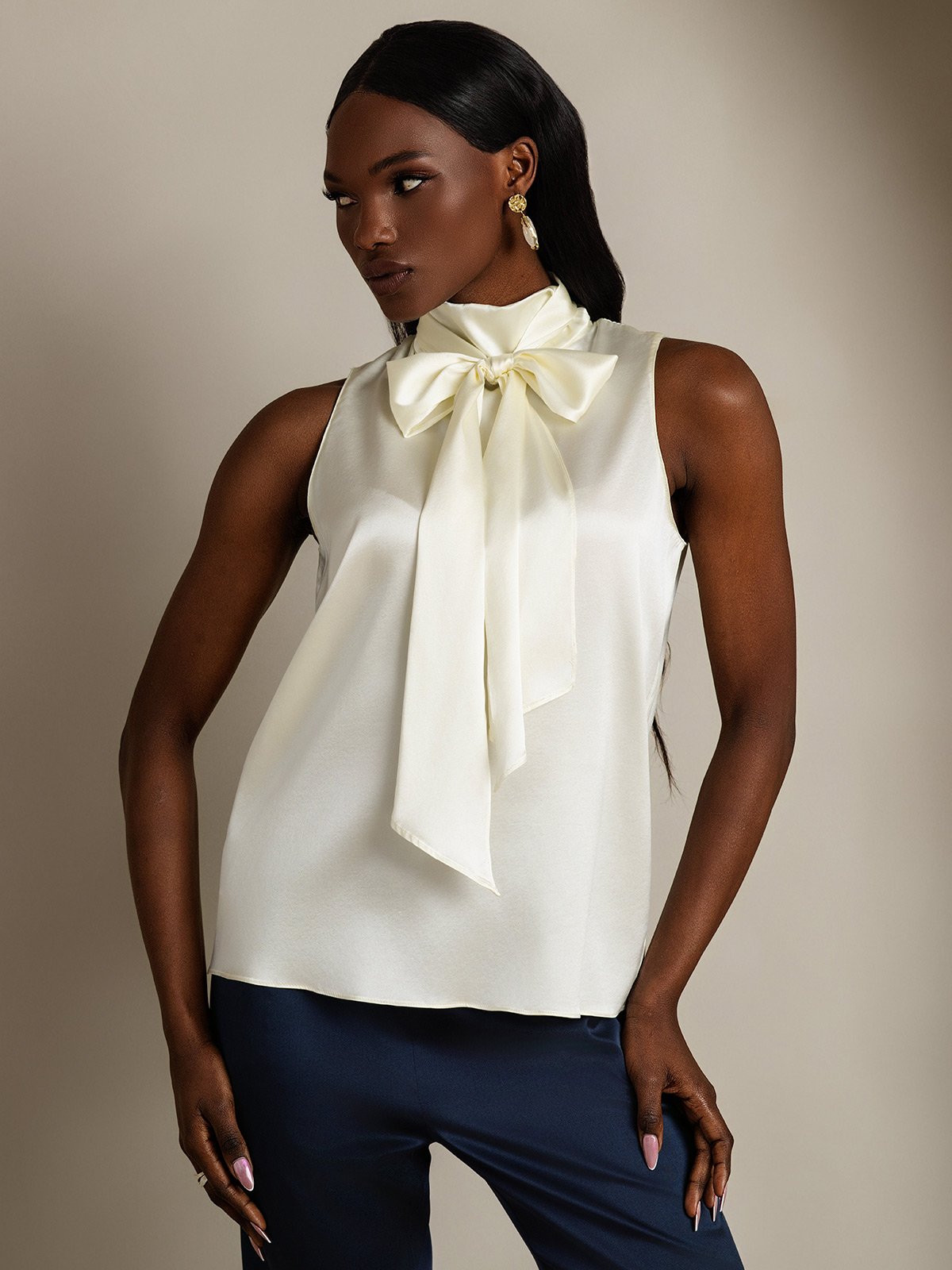 SilkSilky-SE 19Momme Silke Binda Hals Damskjorta Elfenben 003