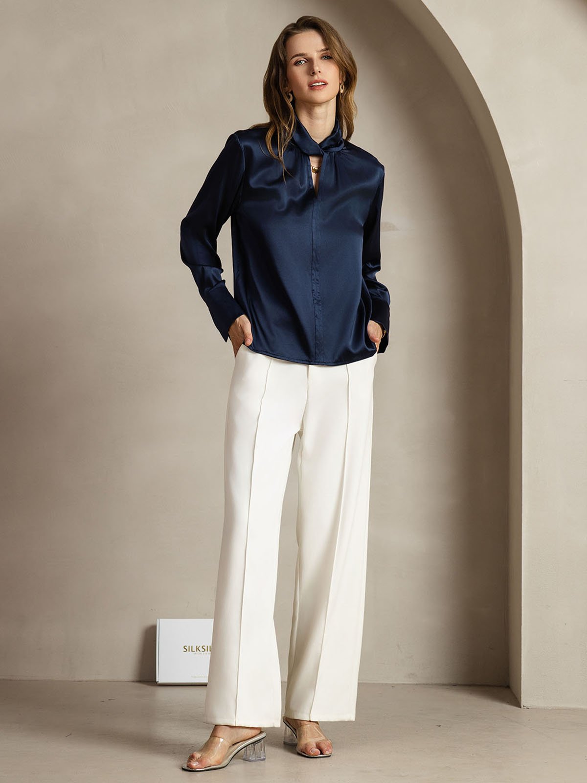 [Mörkblå] SilkSilky-SE 19Momme Silke Womens Shirt 008