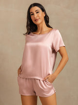 [Persikohud] SilkSilky-SE 19Momme Kort Ärm Rund Halsringning Dam Pyjama 001