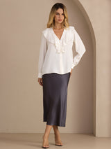 [Vit] SilkSilky-SE Long Sleeve Deep V Neck Damblusar 005