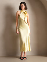 [Ljusgul] SilkSilky-SE 19Momme Stretch Silk Charmeuse Sleeveless Halter Klänning 001
