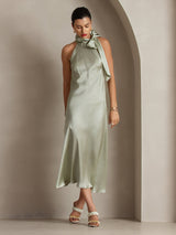 [Ljusgrön] SilkSilky-SE 19Momme Stretch Silk Charmeuse Sleeveless Halter Klänning 007