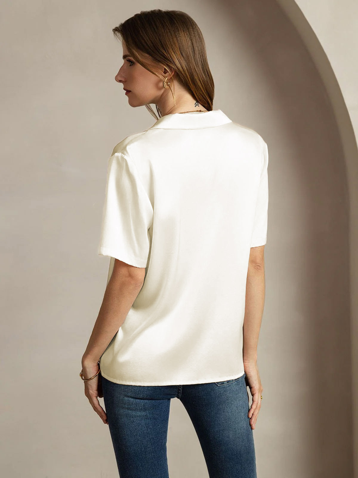 [Elfenben] SilkSilky-SE Short Sleeve Notch Collar Damskjorta 002
