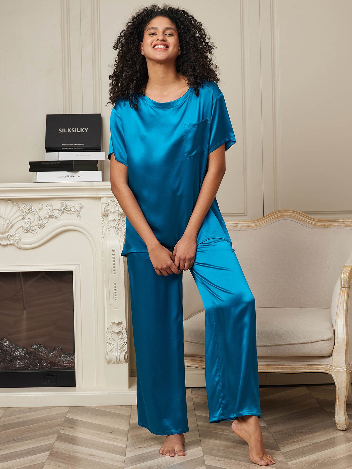 SilkSilky SE Rent Silke Kort Ärm Womens Pajamas Kungsblått 003