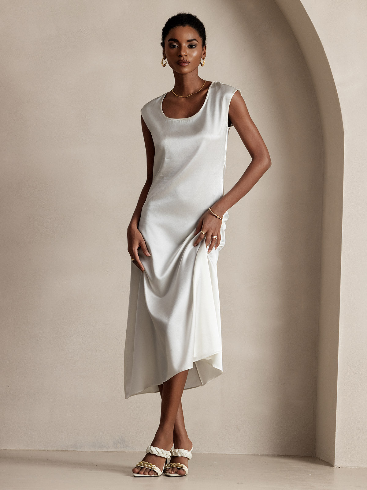 SilkSilky-SE 19Momme Silke Ärmlös Dress Vit 003