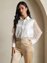 [Vit] SilkSilky-SE 19Momme Silke Krage Damskjorta 001,