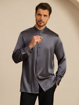 [Mörkgrå] SilkSilky-SE Long Sleeve Stand Collar Herrskjorta 004