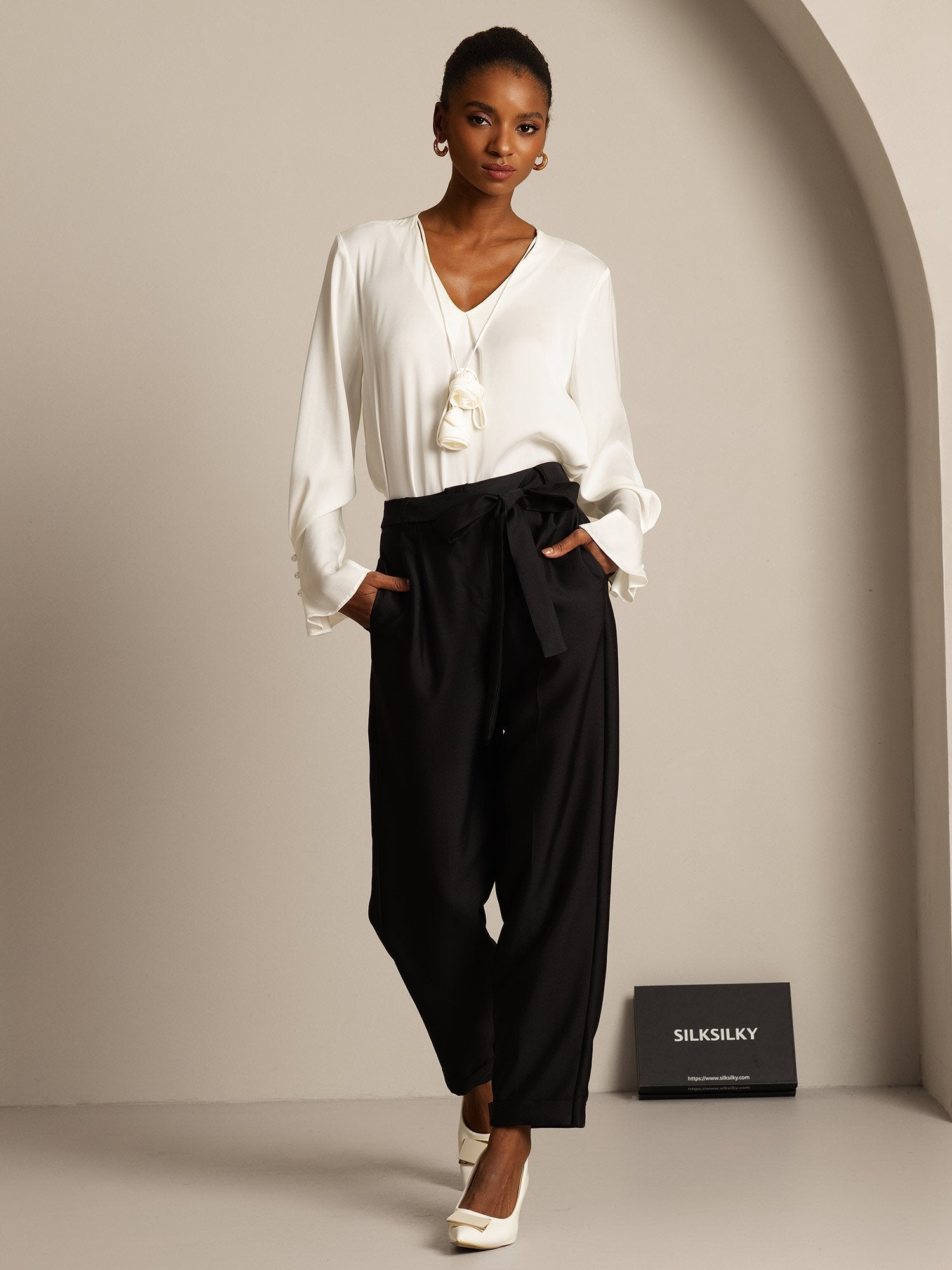 [Svart] SilkSilky-SE 32Momme Silk-Wool Blend Womens Pants 003,