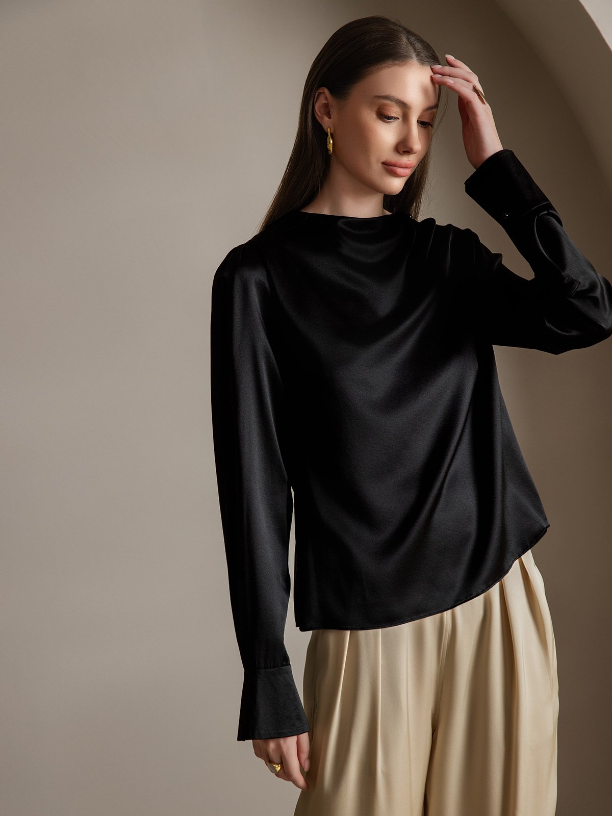 [Svart] SilkSilky-SE 19Momme Silke Womens Shirt 006