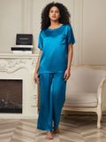 SilkSilky SE Rent Silke Kort Ärm Womens Pajamas Kungsblått 004