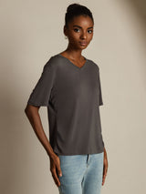[Grå] SilkSilky-SE Kort Ärm V Ringning Dam T-Shirt 001
