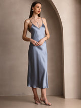 [Gråblå] SilkSilky-SE Spaghetti Strap V Neck Klänning 004