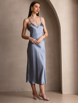 [Gråblå] SilkSilky-SE Spaghetti Strap V Neck Klänning 004