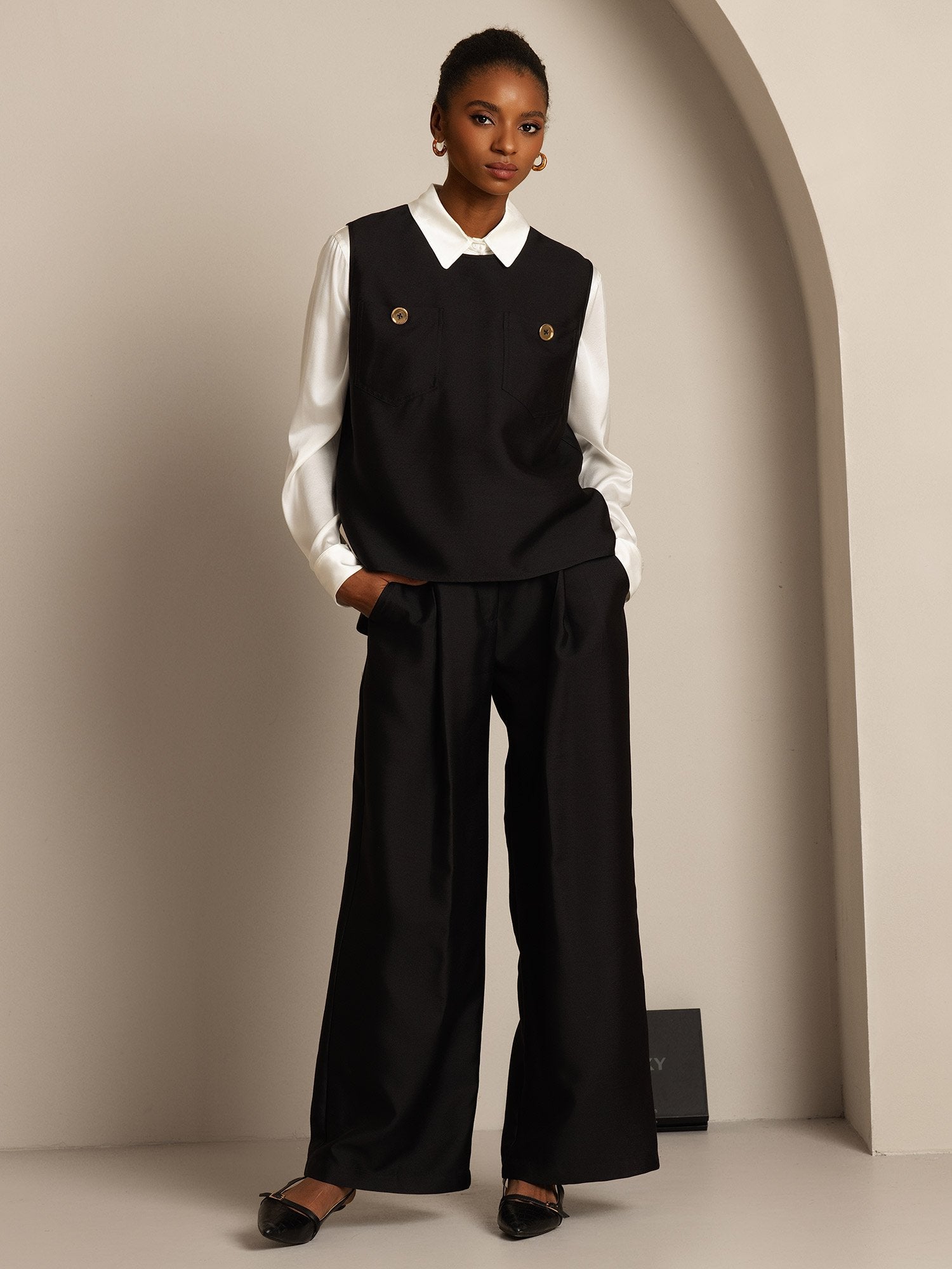 [Svart] SilkSilky-SE 32Momme Silk-Wool Blend Womens Vest 003,