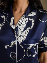 [Marinblå Gepard] SilkSilky-SE Short Sleeve Notch Collar Dam Pyjama 006