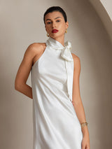 [Vit] SilkSilky-SE 19Momme Stretch Silk Charmeuse Sleeveless Halter Klänning 003