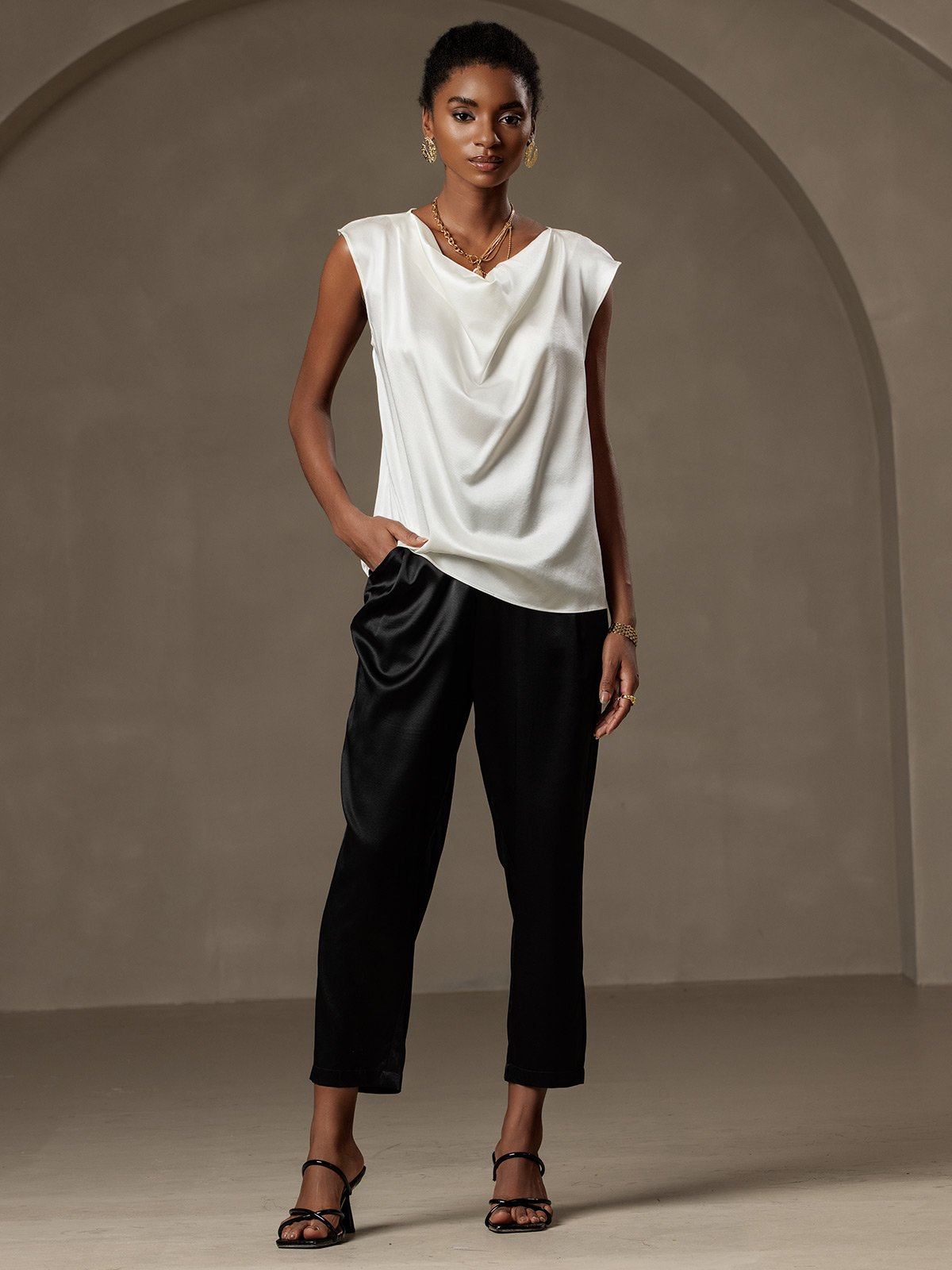 [Vit] SilkSilky-SE 19Momme Silke Ärmlös Womens T-Shirt 004