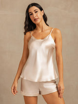 [Beige] SilkSilky-SE Spaghetti Strap V Neck Camisole Set 001
