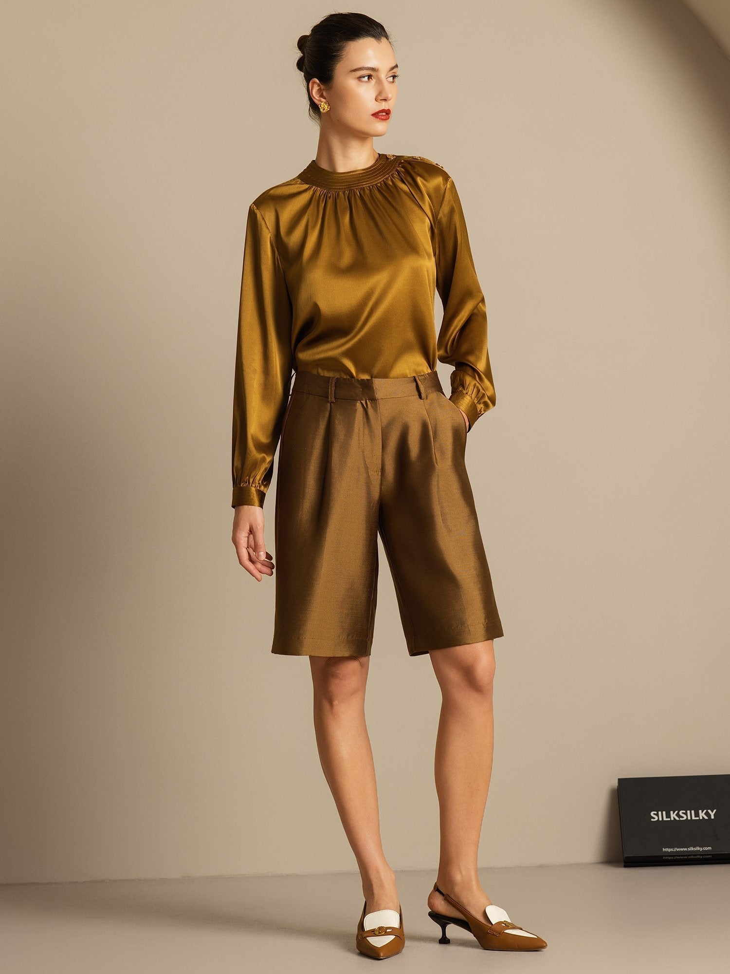 [Brons] SilkSilky-SE 32Momme Silk-Wool Blend Womens Shorts 008,