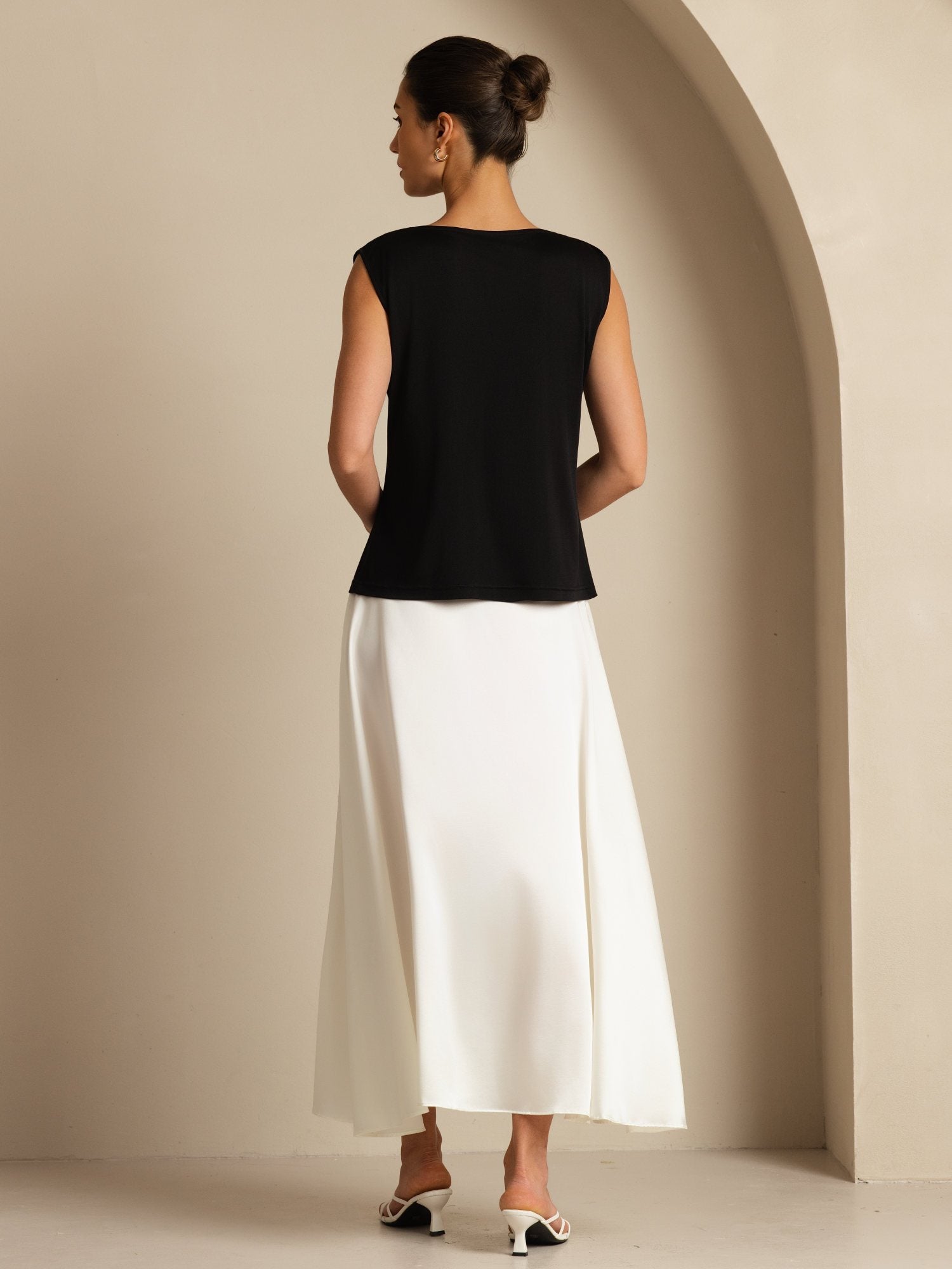 [Svart] SilkSilky-SE Ärmlös Cowl Halsringning Dam T-Shirt 002