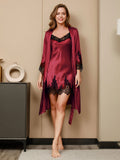 SilkSilky SE Rent Silke 3/4 Ärm Nightgown&Robe Set Mörkröd 005