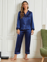 [Mörkblå] SilkSilky-SE Rent Silke Lång Ärm Womens Pajamas 001