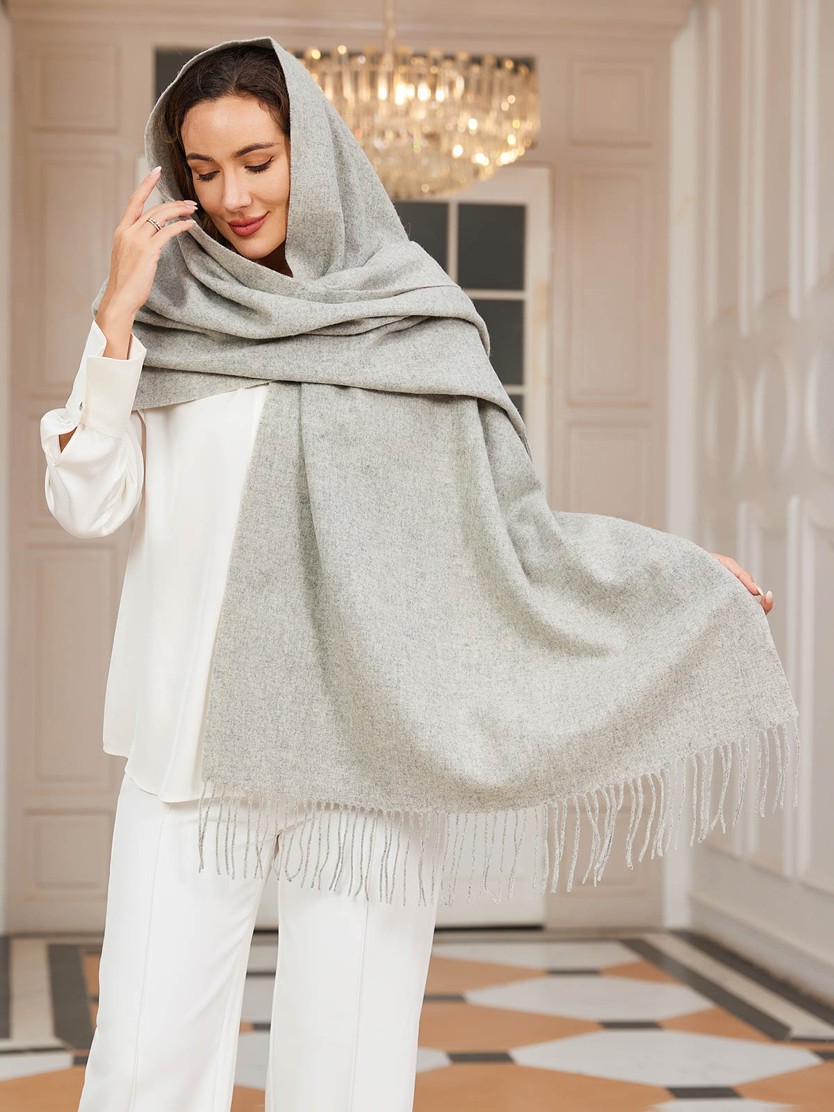 [Ljusgrå] SilkSilky-SE Ull Scarf 003