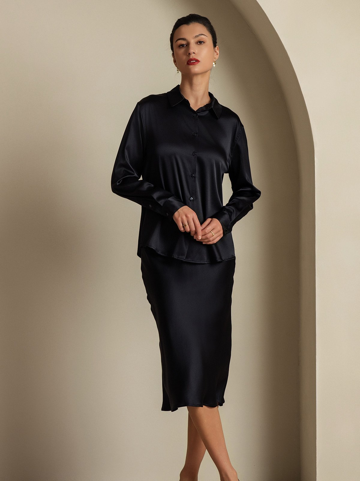 [Svart] SilkSilky-SE 19Momme Silke Krage Women''s Outfit Sets 007,