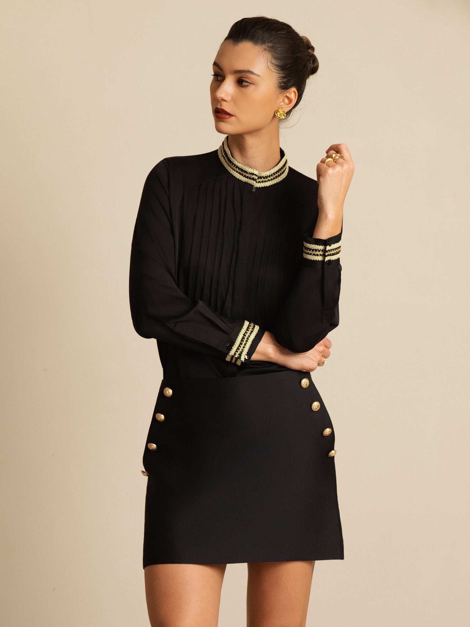 [Svart] SilkSilky-SE 19Momme Silke Lång Ärm Ståkrage Blus 005