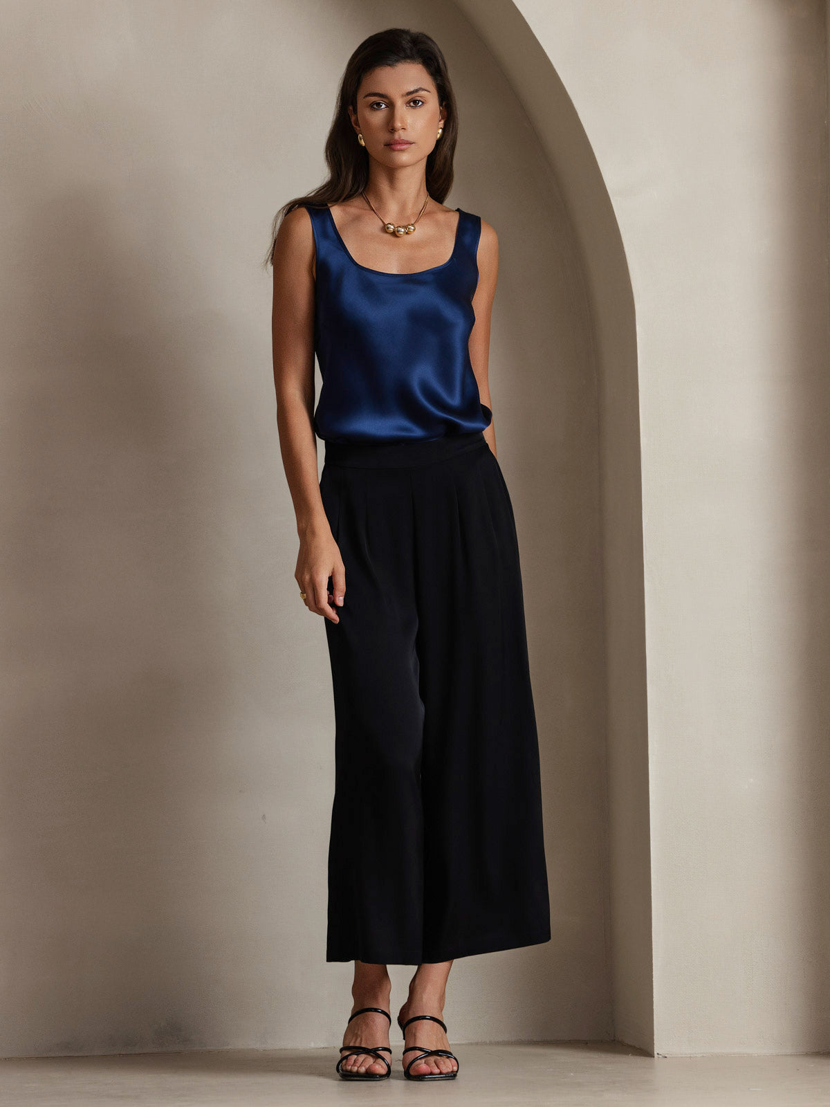 [Mörkblå] SilkSilky-SE 19Momme Ärmlös Djup Rund Halsringning Cami Toppar 007