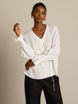 [Vit] SilkSilky-SE Long Sleeve V Neck Damblusar 004