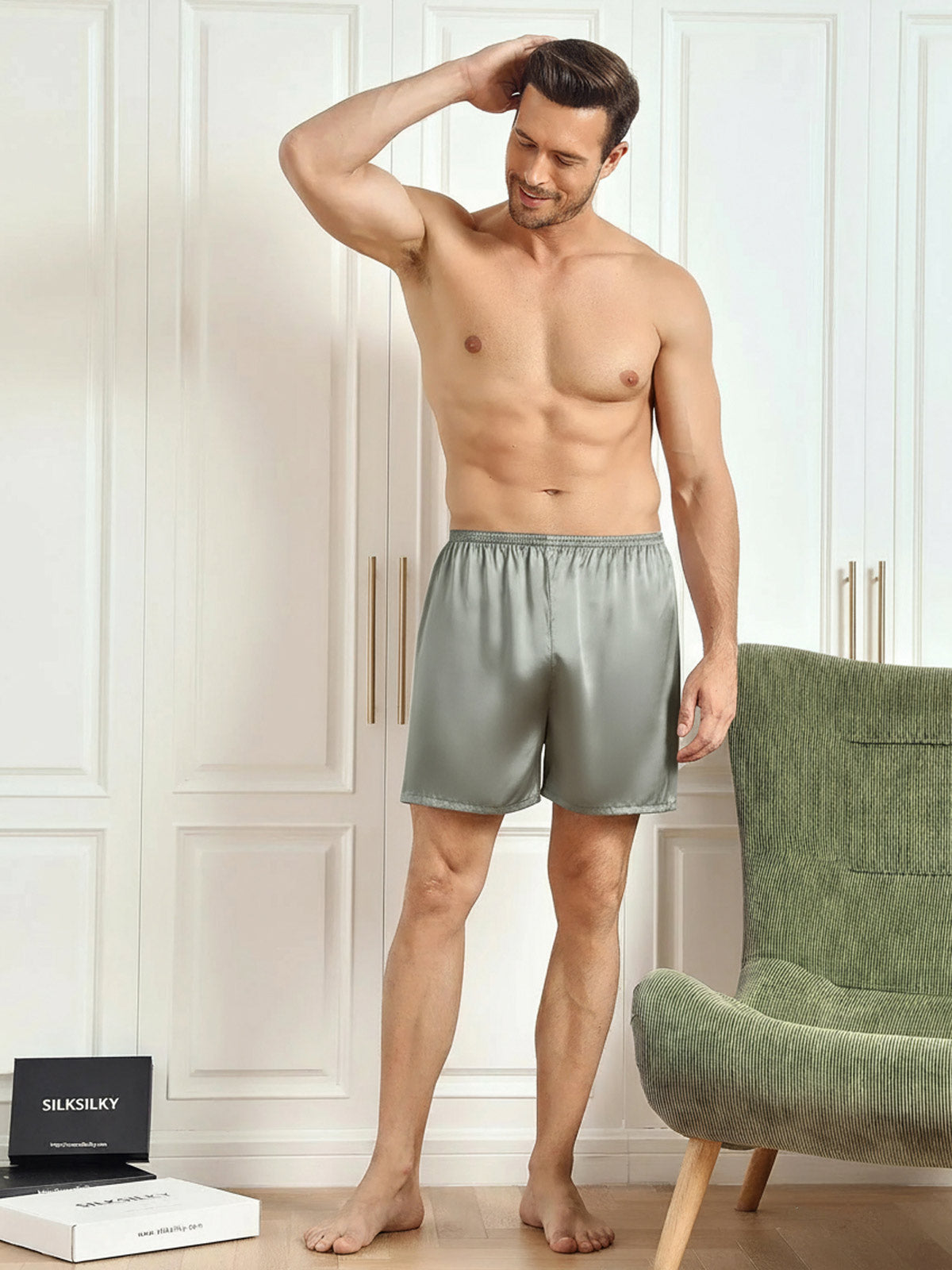 [Grågrön] SilkSilky-SE 19Momme Mens Sleep Bottoms 005