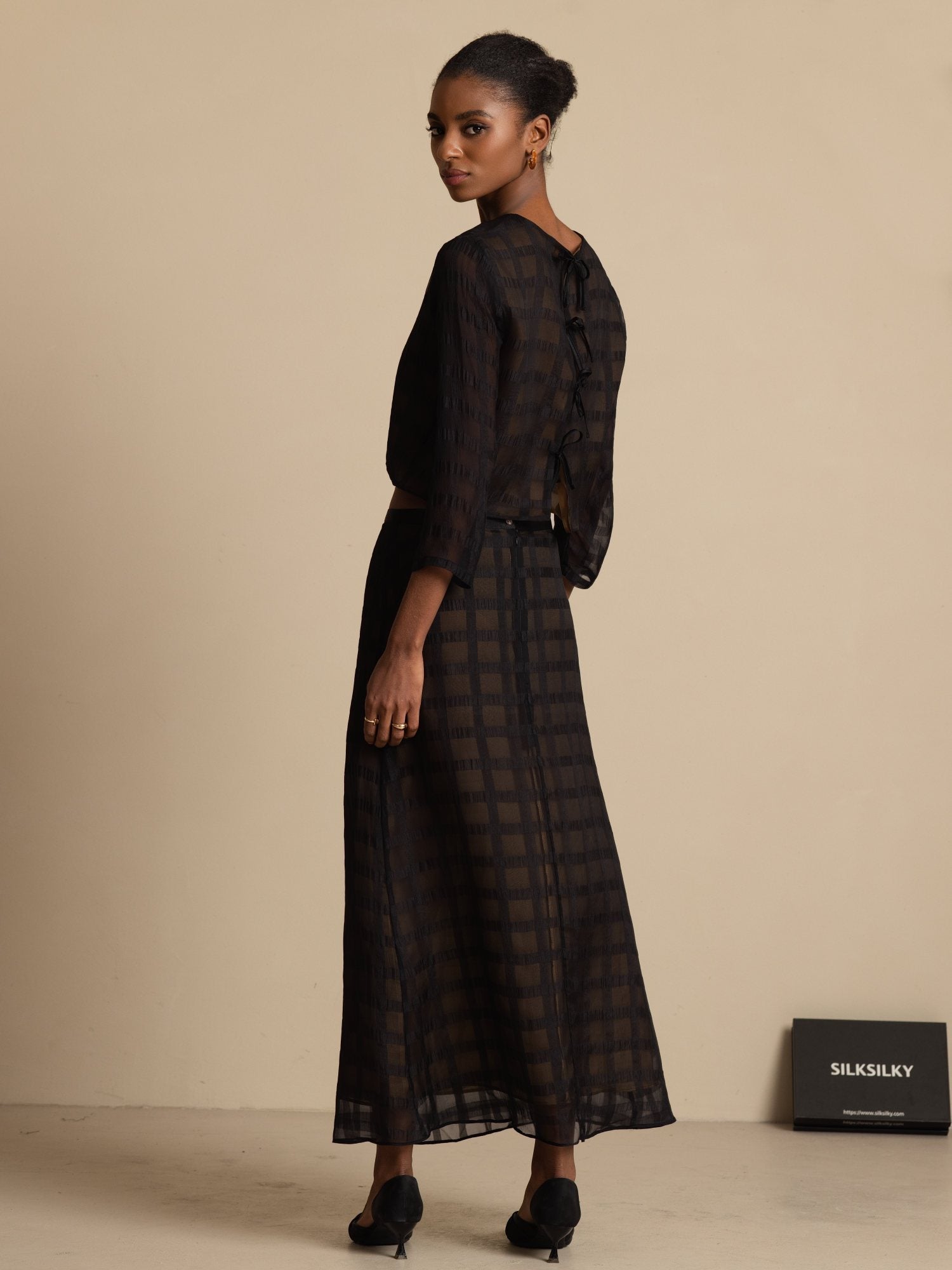 [Svart] SilkSilky-SE Rent Silke Lång Ärm Rund Halsringning Women''s Outfit Sets 002