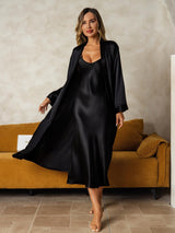 [Svart] SilkSilky-SE Long Sleeve V Neck Dam Nattlinne&Morgonrock Set 001