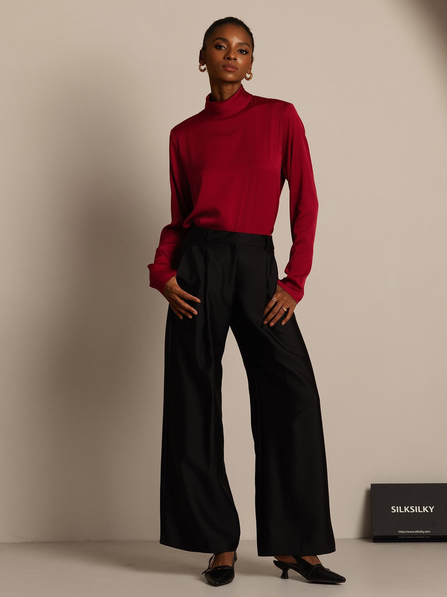 [Svart] SilkSilky-SE 32Momme Silk-Wool Blend Womens Pants 005,