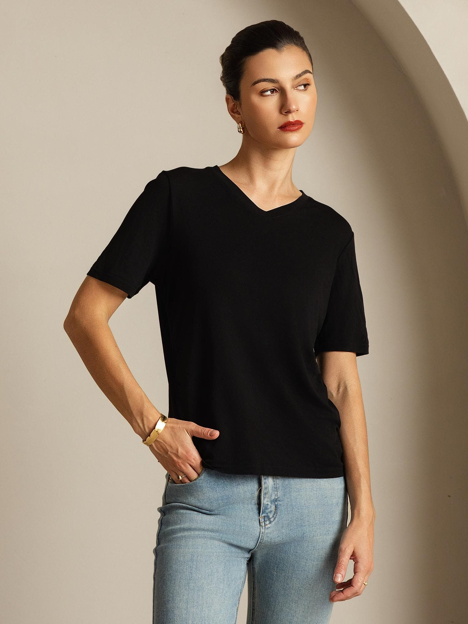 [Svart] SilkSilky-SE Rent Silke Womens T-Shirt 007