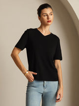 [Svart] SilkSilky-SE Kort Ärm V Ringning Dam T-Shirt 007