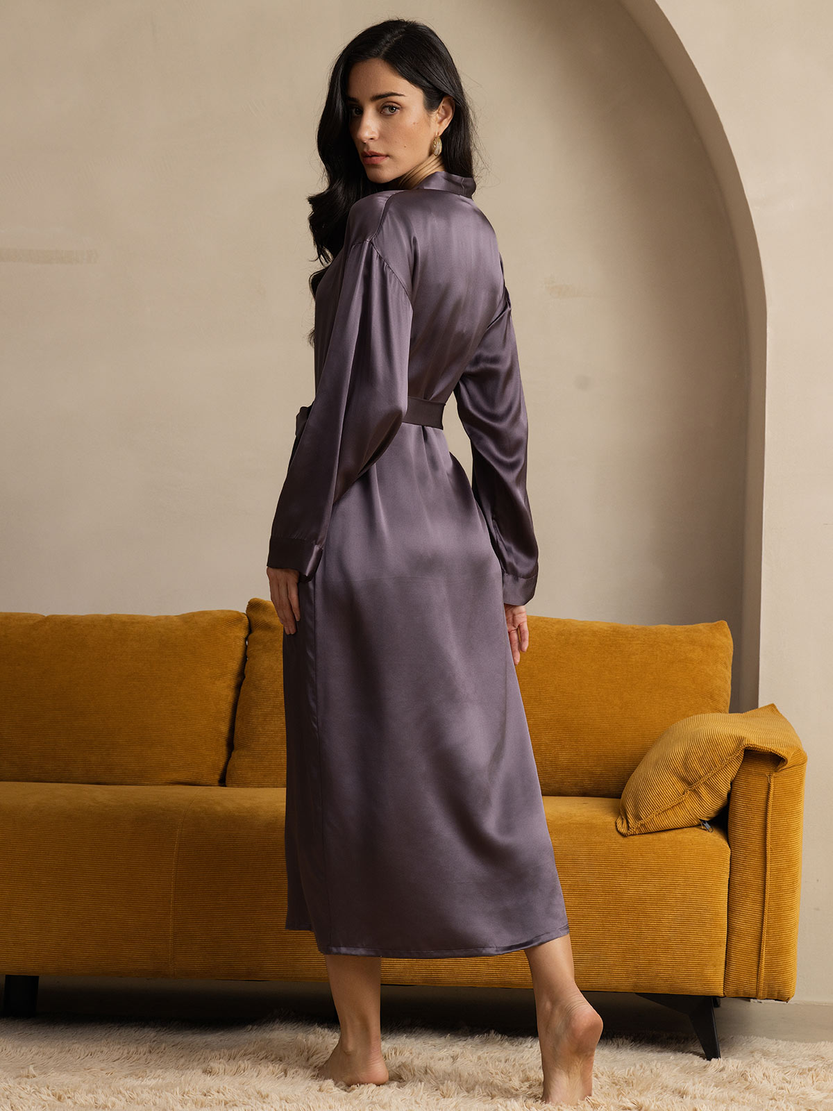 [Lila Grå] SilkSilky-SE Rent Silke Womens Robe 002