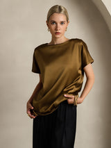 [Brun] SilkSilky-SE 19Momme Kort Ärm Båtringad Dam T-Shirt 003