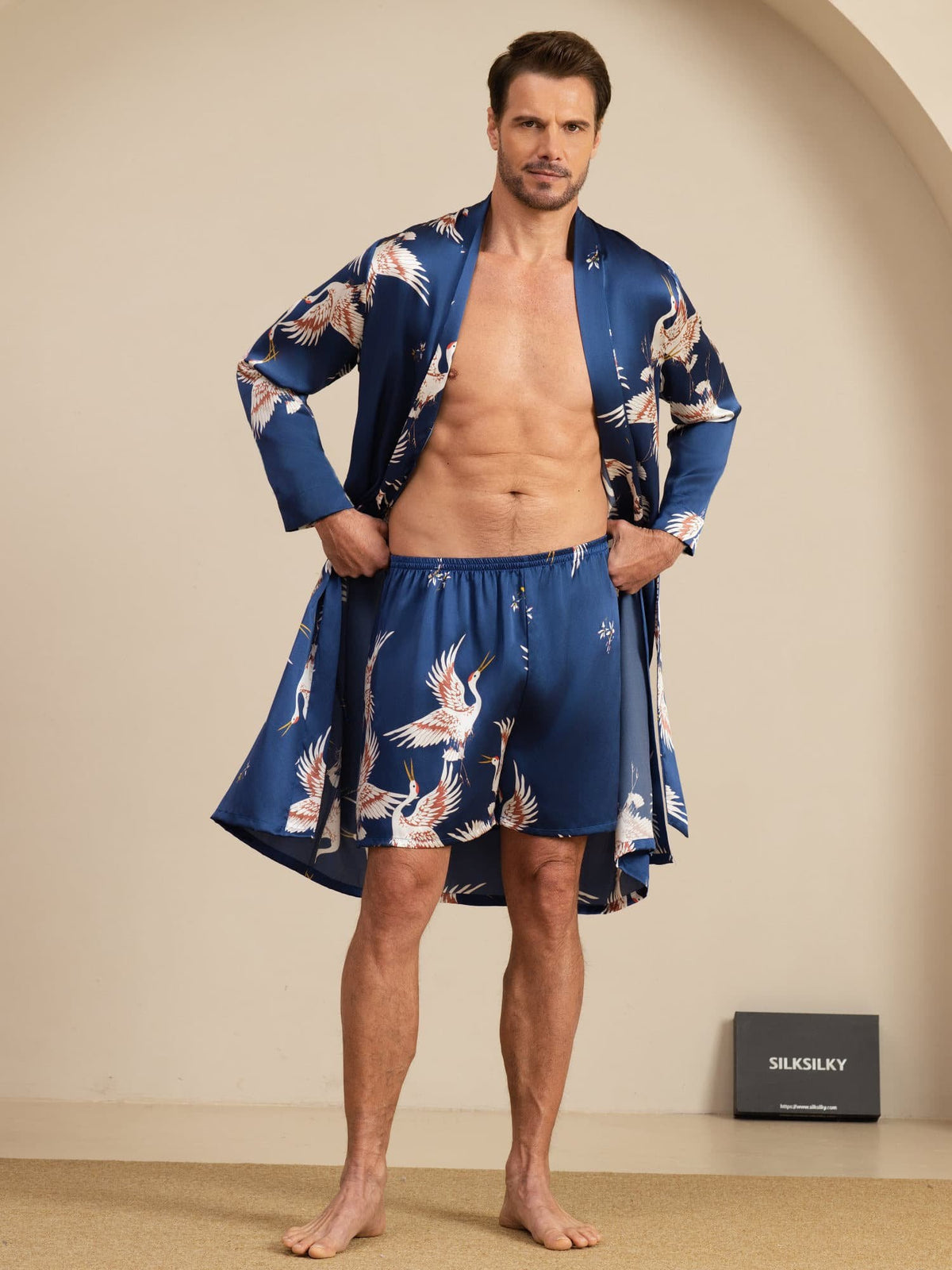 [Mörkblå] SilkSilky-SE 19Momme Long Sleeve Mens Pajamas 001