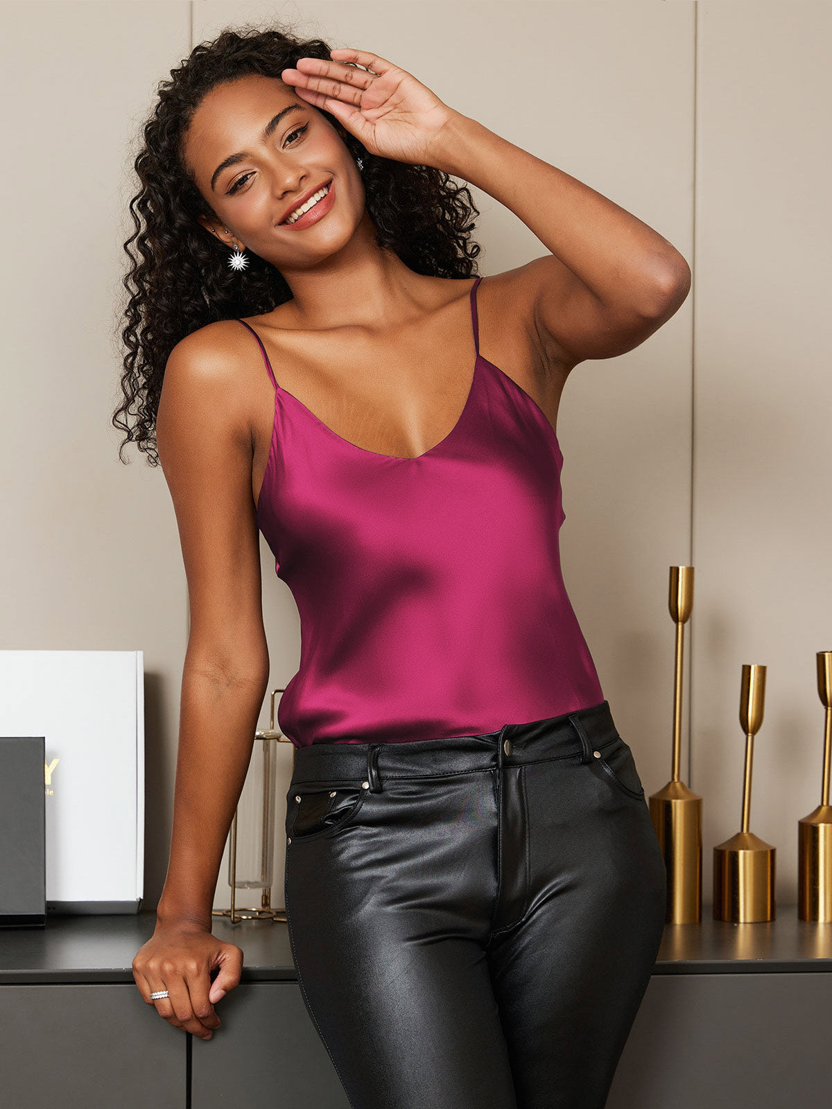 [Fuchsia] SilkSilky-SE Rent Silke Ärmlös Camisoles 001