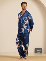 [Mörkblå] SilkSilky-SE Long Sleeve Lapel Collar Herr Pyjama 005