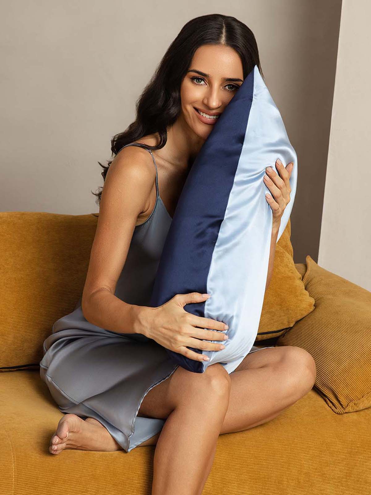 [Mörkblå+Ljusblå] SilkSilky-SE 19Momme Rent Silke Pillowcase 003