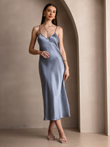 [Gråblå] SilkSilky-SE Spaghetti Strap V Neck Klänning 004