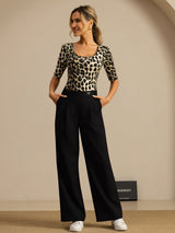 [Leopard] SilkSilky-SE Hårärm Djup Rund Halsringning Dam T-Shirt 007