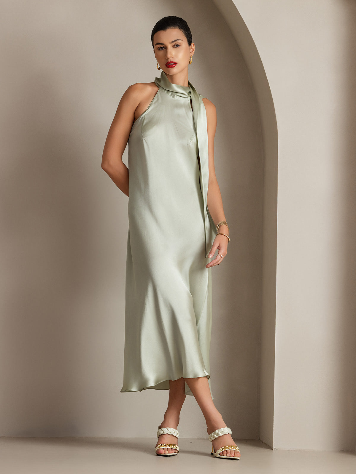 [Ljusgrön] SilkSilky-SE 19Momme Silke Dress 003