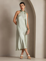 [Ljusgrön] SilkSilky-SE 19Momme Stretch Silk Charmeuse Sleeveless Halter Klänning 003