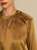 [Brons] SilkSilky-SE 19Momme Lång Ärm Rund Halsringning Blus 005