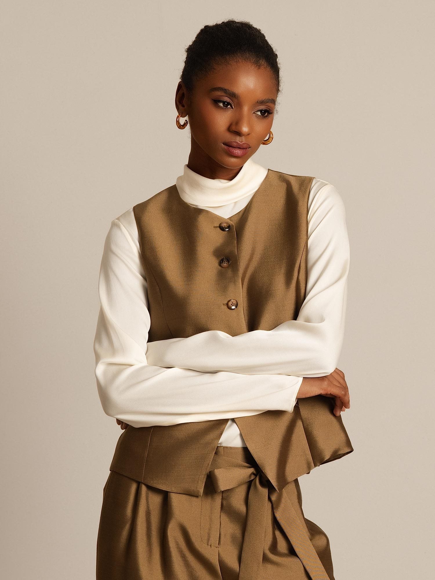 [Brons] SilkSilky-SE 32Momme Silk-Wool Blend Womens Vest 008,