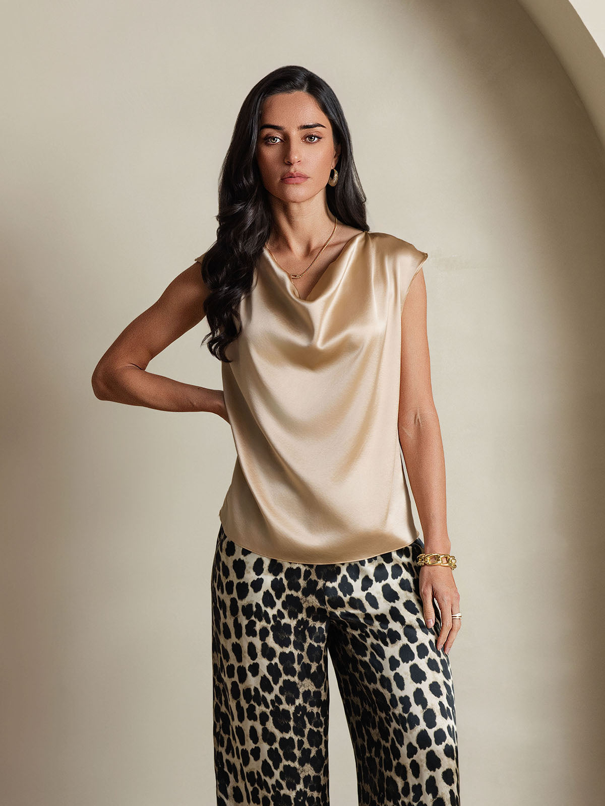 [Champagne] SilkSilky-SE 19Momme Silke Ärmlös Womens T-Shirt 003